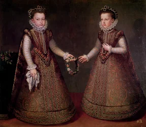 Infantas Isabella Clara Eugenia (1566-1633), Alankomaiden kuvernööri ja Catalina Micaela (1567-97), Savoyn herttuatar, 1575